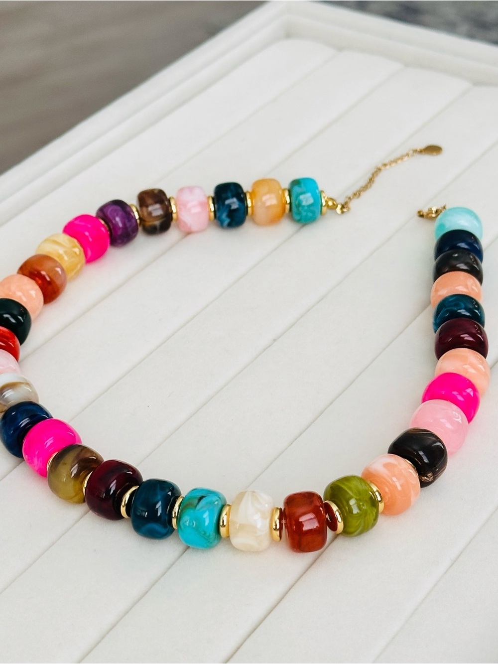 Anthropologie Multicolor Glossy Marbled Bead Necklace - Turquoise, Pink, Blue